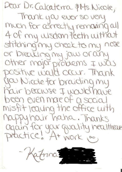 thank you note from patient to Dr. Calcaterra for removing her wisdom teeth third molars