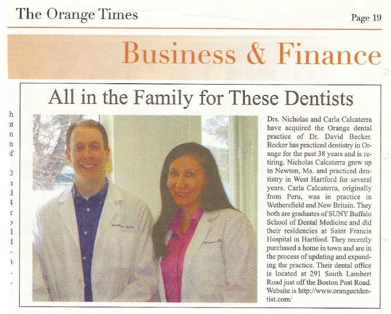 Announcement in Orange Times of dentists Nicholas and Carla Calcaterra buying the dental practice.