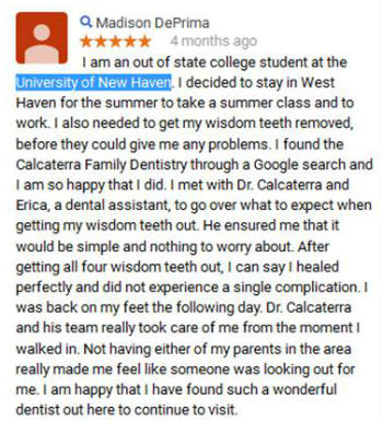 Dentist Google review from University of New Haven student