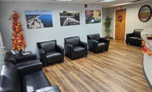 Dental waiting area in modern dentist office where kids are welcome